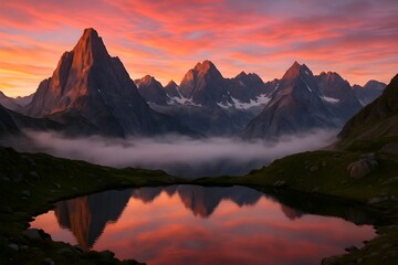 Windows 11 Wallpaper: Mountain range reflecting in calm lake under vivid sunset sky