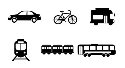 Transportation icons set featuring car, bike, camper, train and bus in black vector