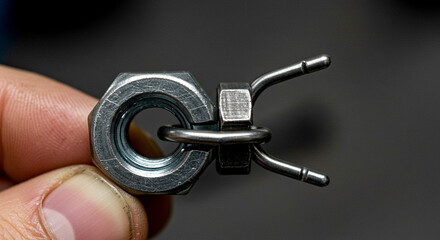 Interlocking Metal Puzzle with Hex Nut, Cotter Pin, and Looped Wire