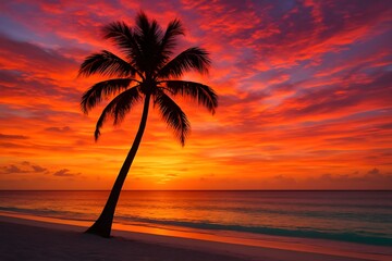 Windows 11 Wallpaper: Single palm tree on glowing tropical beach during vibrant sunset