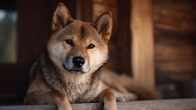 A Shiba Inu dog sits on a wooden porch gazing calmly towards the viewer in warm light