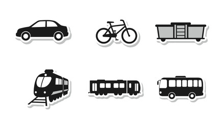 Various Transportation Icons in Black and White Vector Illustration Design