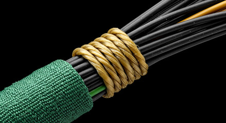 Electrical Wire Bundle Secured with Twine and Green Fabric Strap Near Metal Loop