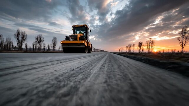 Road roller compacting hot asphalt during highway construction, heavy machinery working to create durable pavement for modern infrastructure.