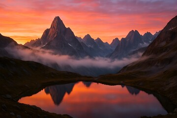 Windows 11 Wallpaper: Peaceful alpine lake reflecting sunset and rugged mountain landscape