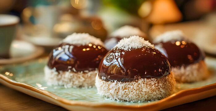 An elegant close-up of traditional Ruske Kape cakes, a delicious Balkan dessert known as Russian Hats, a chocolate and coconut pastry with a shiny glaze, a mouth-watering homemade sweet treat.

