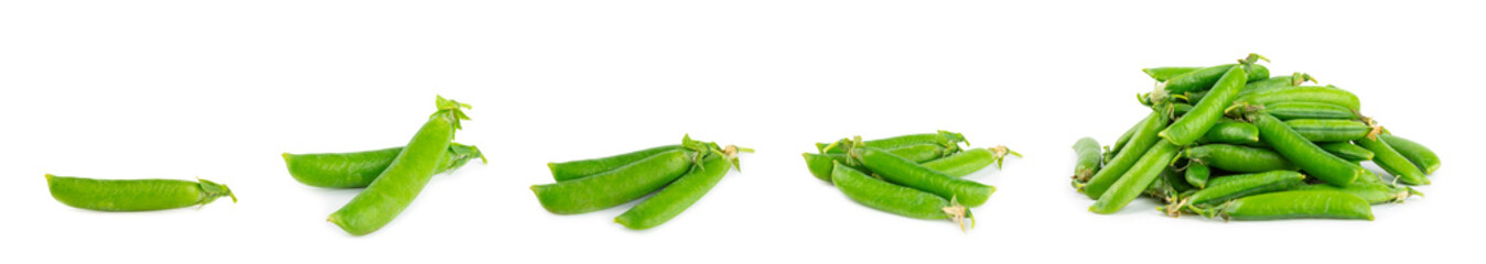 Fresh green pea pods with green peas isolated on white background. Sweet green peas. Green pea beans vegetables. Vegan. healthy vegetable