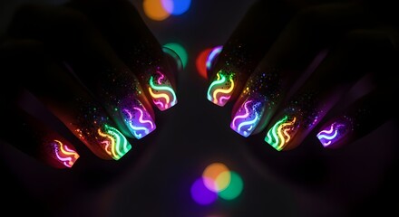 Neon glowing manicure on woman's fingers in the dark