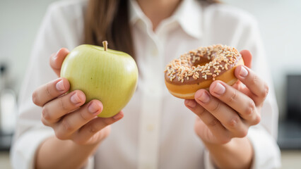 Person holds green apple and donut with chocolate icing and sprinkles, symbolizing choice between healthy and indulgent options