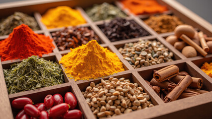 Vibrant spices arranged in wooden tray, showcasing variety of colors and textures, evoke sense of culinary creativity and flavor exploration