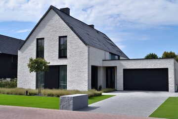 Modern white house with a sleek design in a suburban neighborhood featuring a manicured lawn and paved driveway on a sunny day