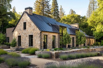 Obraz premium Stone house surrounded by lavender fields showcases modern design in a serene natural setting during daytime in a lush landscape