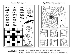 Halloween activity page with two puzzles. Fill-in crossword puzzle or word game. Spot the missing fragment of spiderweb patten. Black and white. Answers included.
