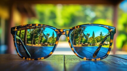 Sunglasses reflecting a park scene