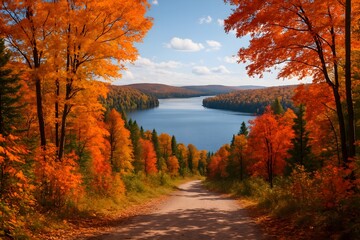 Windows 11 Wallpaper: Scenic autumn forest trail leading to peaceful blue lake under vibrant fall foliage