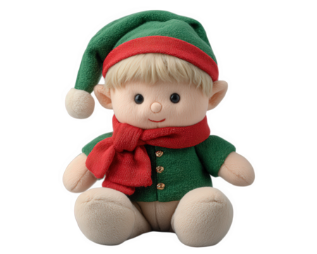 Plush elf doll festive toy green hat red scarf blonde hair soft fabric holiday decoration cheerful expression sitting position Christmas ornament