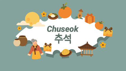 Chuseok design with hanbok temple moon and festive food
