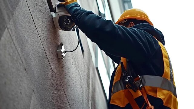 Professional technician wearing protective safety gear installing security camera on building exterior, working carefully to enhance surveillance and property protection - Powered by Adobe