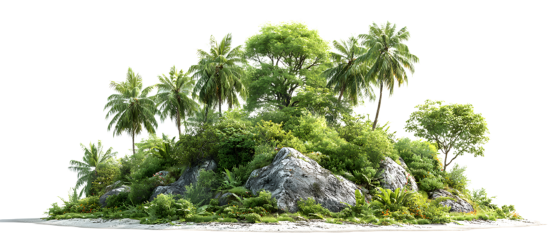 Tropical jungle island with dense green vegetation, isolated on transparent cutout background
