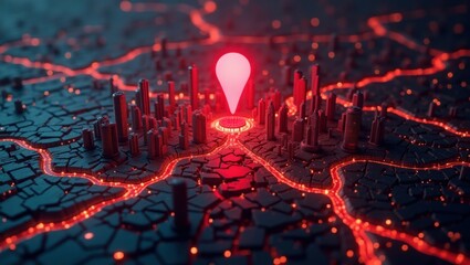 Punto rojo brillante digital con un sutil efecto pulsante que se cierne con precisión sobre un vasto e intrincado mapa futurista de una ciudad en 3D