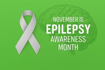 Gray ribbon and brain illustration on green background, symbolizing epilepsy awareness, neurological support, and November health campaigns