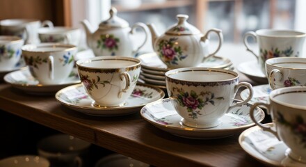 Vintage Floral Teacups and Teapots on a Wooden Shelf.