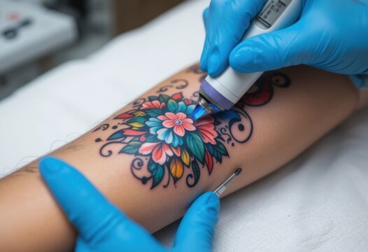El tatuador usa un peque&ntilde;o dispositivo l&aacute;ser para eliminar tatuajes coloridos del antebrazo. Se ven detalles de la piel y herramientas profesionales