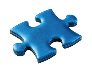 Fototapeta premium Blue jigsaw puzzle piece isolated on transparency background, photorealistic style, shiny surface, game object, playful and creative concept, close up detail