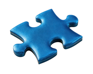 Blue jigsaw puzzle piece isolated on transparency background, photorealistic style, shiny surface, game object, playful and creative concept, close up detail