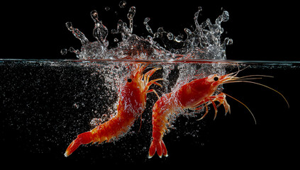 Two bright red shrimp dramatically splashing as they jump out of dark water