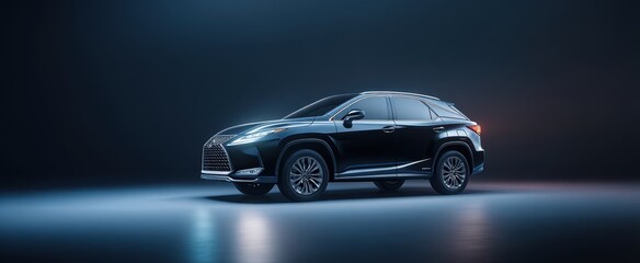 The sleek black luxury SUV illuminated in a modern studio setting
