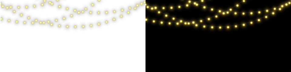 Realistic glowing yellow LED garland on a transparent background. Ideal PNG decoration for holiday...