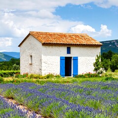 Picturesque lavender field with a small white farmhouse