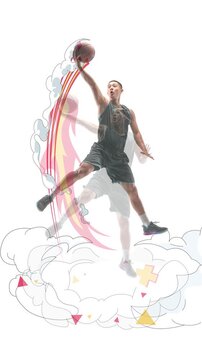 Loop animation. Male basketball player in black uniform soaring with dunk and emotional power. Concept of passion, strength, resilience, determination, and dramatic sports achievement.