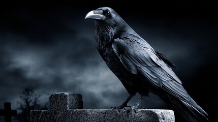 Fototapeta premium powerful illustration of a majestic raven, its feathers like swirling, dark smoke, perched on a crumbling, ivy-covered tombstone in an old graveyard. The atmosphere is quiet and mysterious, 