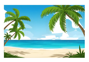 Fototapeta premium Pixelated Beach Illustration With Palm Trees Ocean and Sky in Summer