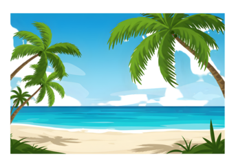 Pixelated Beach Illustration With Palm Trees Ocean and Sky in Summer