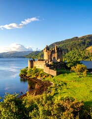 Picturesque loch and castle at sunset