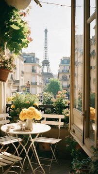 Charming Parisian balcony view with Eiffel Tower in the background. Captured from a low angle, perfect for a travel video showcasing city life. Live mobile wallpaper.