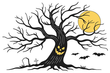 Haunted Graveyard Tree Silhouette with Bats and Moon