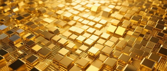 Abstract golden mosaic tile pattern with seamless geometric yellow cubes and square shapes - Powered by Adobe