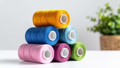 Stack of colorful yarn spools on white background. Ideal for craft or textile mock-up.