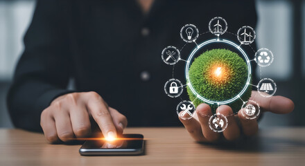 Business leader innovates sustainable technology with digital interface and eco-friendly solutions