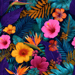 Beautiful seamless pattern with exotic jungle foliage and tropical flowers on dark background. Creative nature illustration with vivid plants.