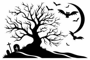 Haunted Graveyard Tree Silhouette with Bats and Moon