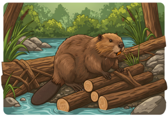 Pixelated Beaver Illustration With Brown Fur Sitting On Log By Water