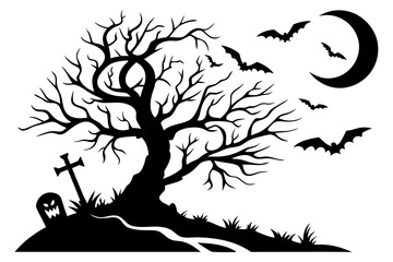 Haunted Graveyard Tree Silhouette with Bats and Moon