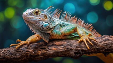Fototapeta premium Vibrant iguana on branch, bokeh background