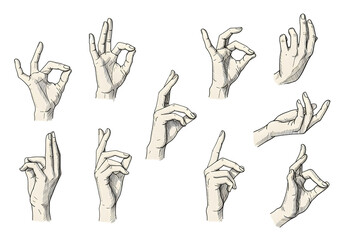 Pixelated Beige Hands Gesturing Okay Signs On Isolated Black Background