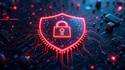 Digital security symbol displayed on a circuit board background highlighting technology and encryption in modern data protection